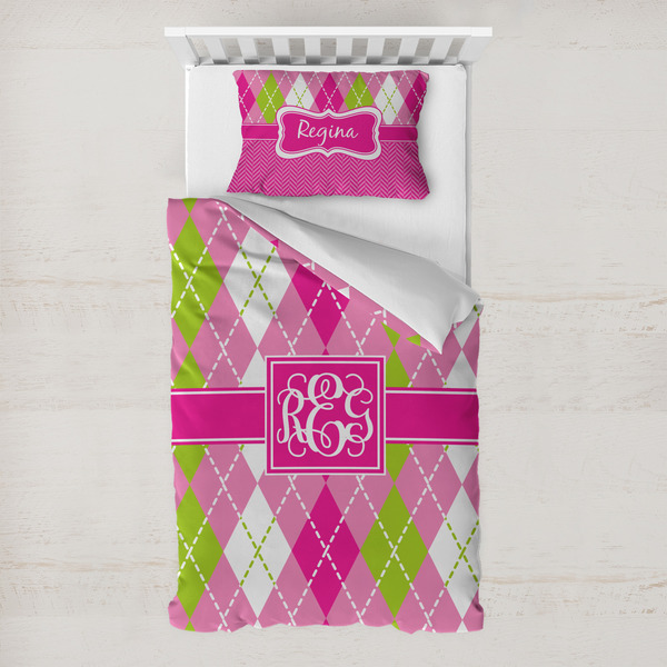 Custom Pink & Green Argyle Toddler Bedding Set - With Pillowcase (Personalized)