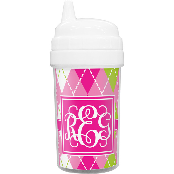 Custom Pink & Green Argyle Toddler Sippy Cup (Personalized)