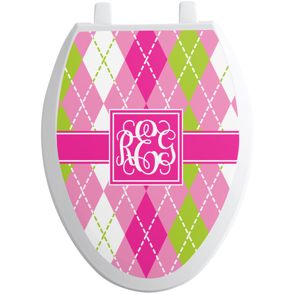 Custom Pink & Green Argyle Toilet Seat Decal - Elongated (Personalized)