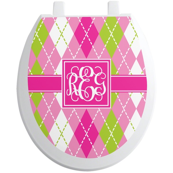Custom Pink & Green Argyle Toilet Seat Decal - Round (Personalized)