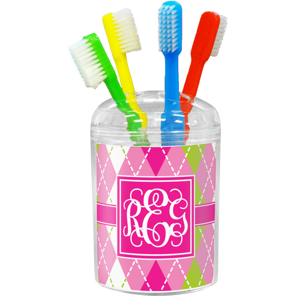 Custom Pink & Green Argyle Toothbrush Holder (Personalized)