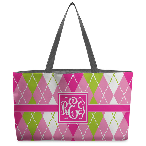 Custom Pink & Green Argyle Beach Totes Bag - w/ Black Handles (Personalized)