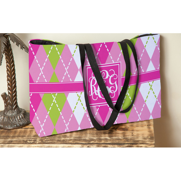 Pink & Green Argyle Tote w/Black Handles - Lifestyle View