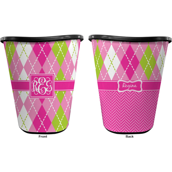 Pink & Green Argyle Trash Can Black - Front and Back - Apvl