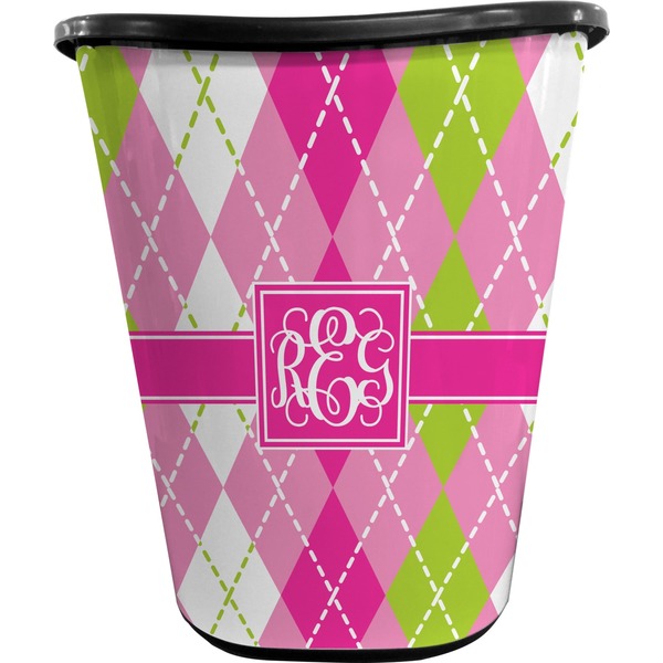 Custom Pink & Green Argyle Waste Basket - Single Sided (Black) (Personalized)