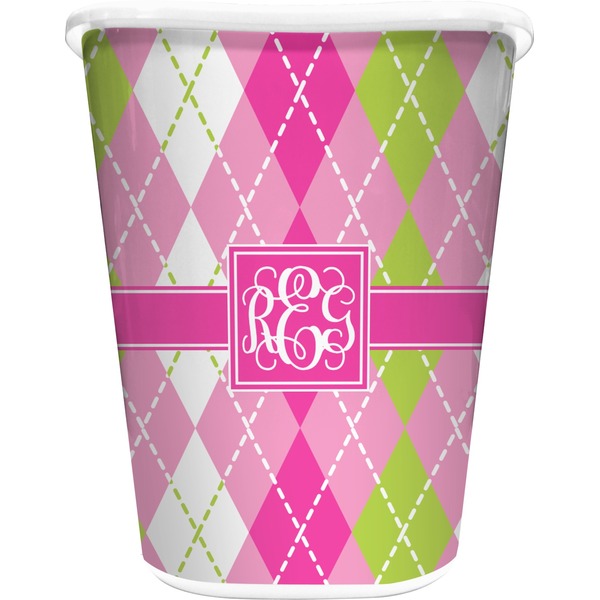 Custom Pink & Green Argyle Waste Basket - Double Sided (White) (Personalized)