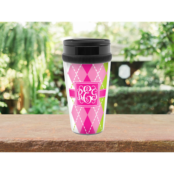 Pink & Green Argyle Travel Mug Lifestyle (Personalized)