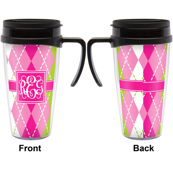 Pink & Green Argyle Travel Mug with Black Handle - Approval