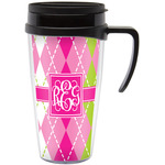 Pink & Green Argyle Acrylic Travel Mug with Handle (Personalized)
