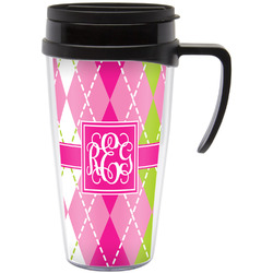 Pink & Green Argyle Acrylic Travel Mug with Handle (Personalized)