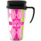 Pink & Green Argyle Travel Mug with Black Handle - Front
