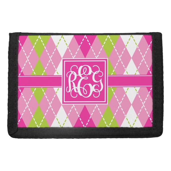 Custom Pink & Green Argyle Trifold Wallet (Personalized)