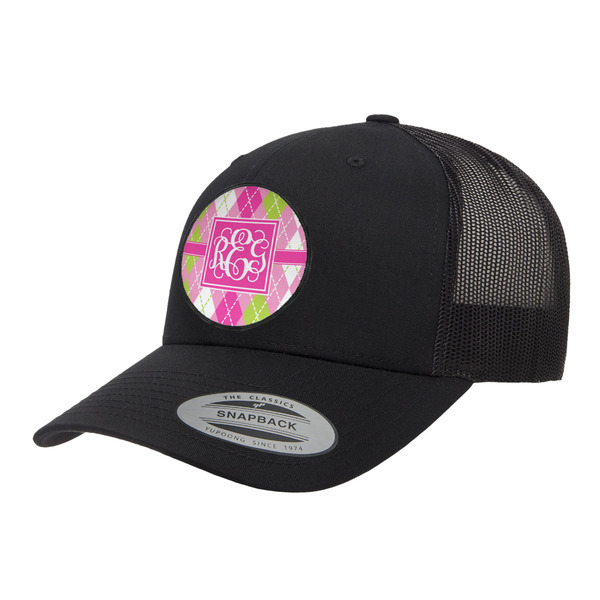 Custom Pink & Green Argyle Trucker Hat - Black (Personalized)