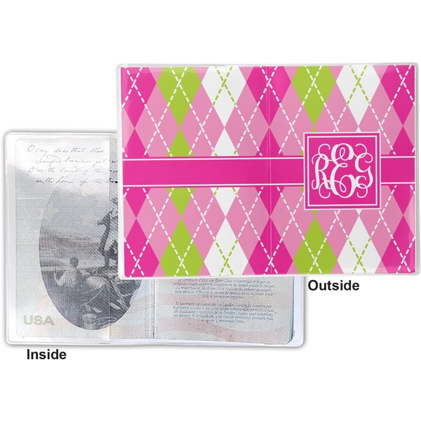 Pink & Green Argyle Vinyl Passport Holder - Flat Front and Back