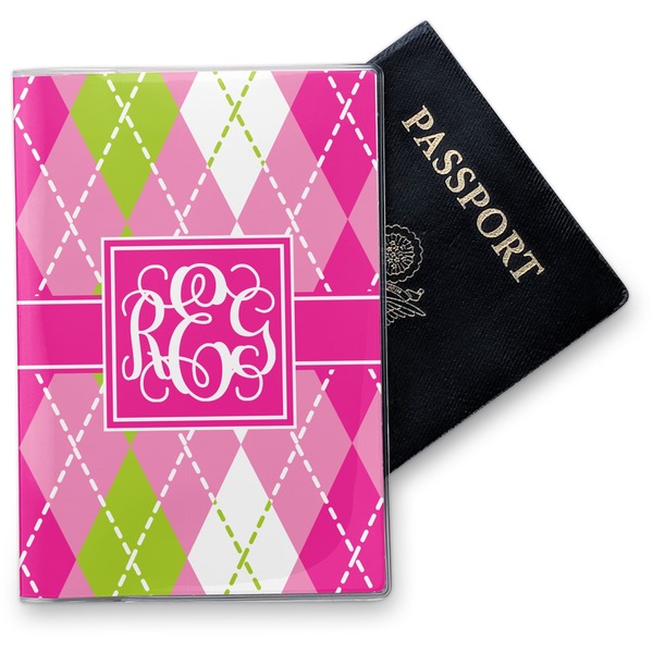 Custom Pink & Green Argyle Vinyl Passport Holder (Personalized)