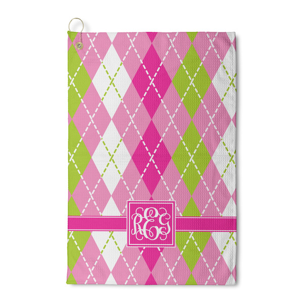 Custom Pink & Green Argyle Waffle Weave Golf Towel (Personalized)