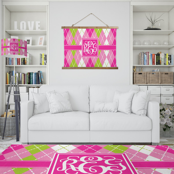 Pink & Green Argyle Wall Hanging Tapestry - IN CONTEXT