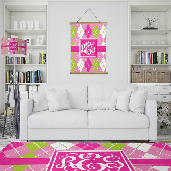Pink & Green Argyle Wall Hanging Tapestry - Portrait - IN CONTEXT