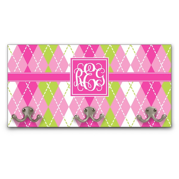 Custom Pink & Green Argyle Wall Mounted Coat Rack (Personalized)
