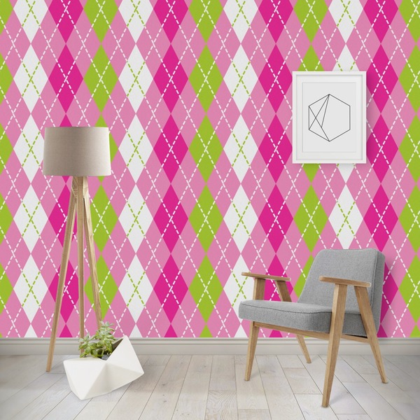 Custom Pink & Green Argyle Wallpaper & Surface Covering