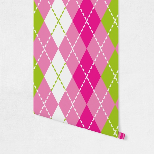 Pink & Green Argyle Wallpaper on Wall
