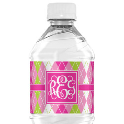 Pink & Green Argyle Water Bottle Labels - Custom Sized (Personalized)