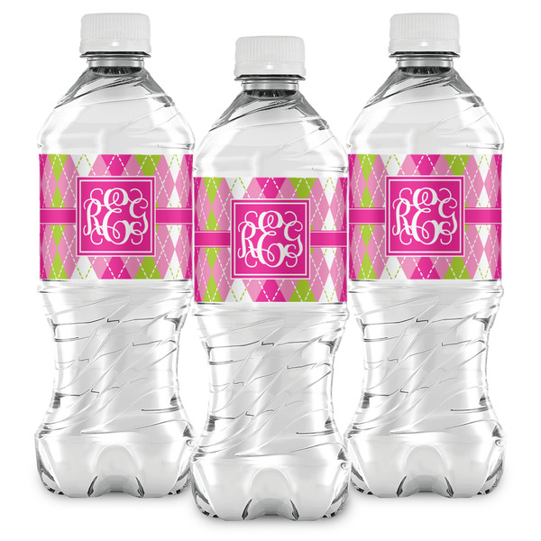 Pink & Green Argyle Water Bottle Labels - Front View