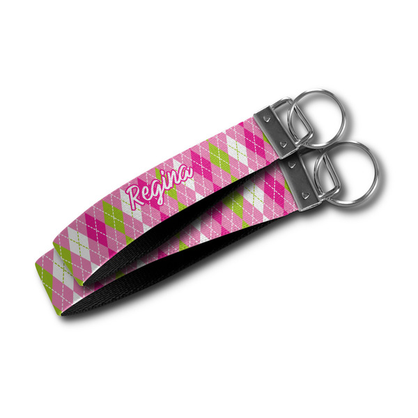 Pink & Green Argyle Webbing Keychain FOBs - Size Comparison