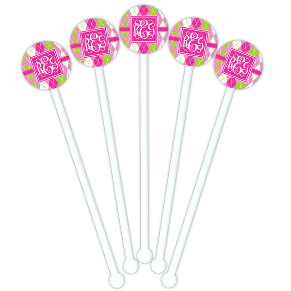 Pink & Green Argyle White Plastic 5.5" Stir Stick - Fan View