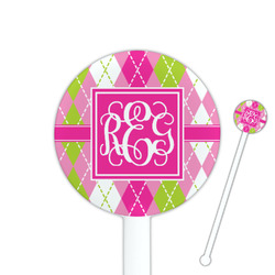 Pink & Green Argyle 5.5" Round Plastic Stir Sticks - White - Single Sided (Personalized)