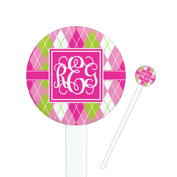 Pink & Green Argyle 7" Round Plastic Stir Sticks - White - Double Sided (Personalized)