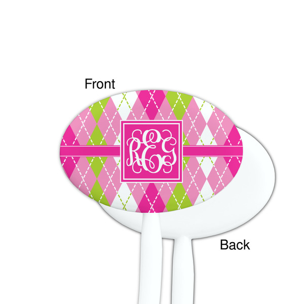 Pink & Green Argyle White Plastic 7" Stir Stick - Single Sided - Oval - Front & Back