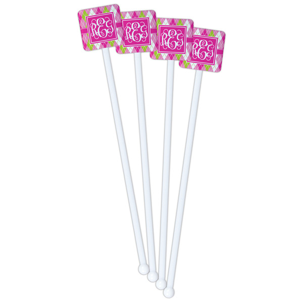 Pink & Green Argyle White Plastic Stir Stick - Single Sided - Square - Front