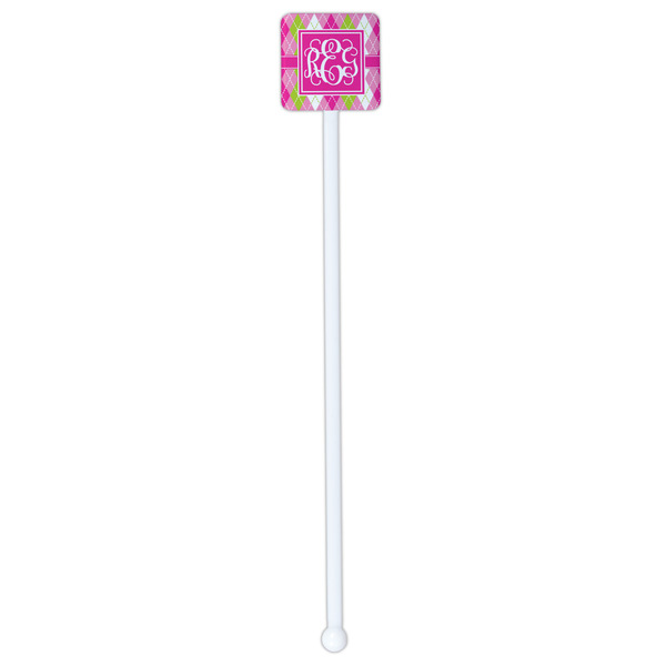 Pink & Green Argyle White Plastic Stir Stick - Single Sided - Square - Single Stick