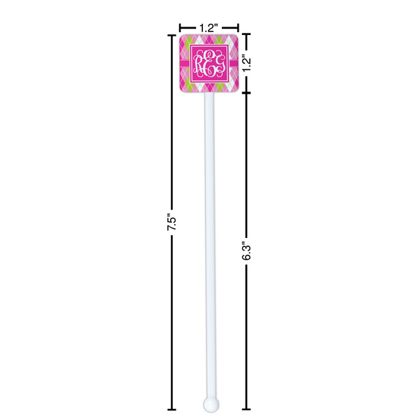 Pink & Green Argyle White Plastic Stir Stick - Square - Dimensions