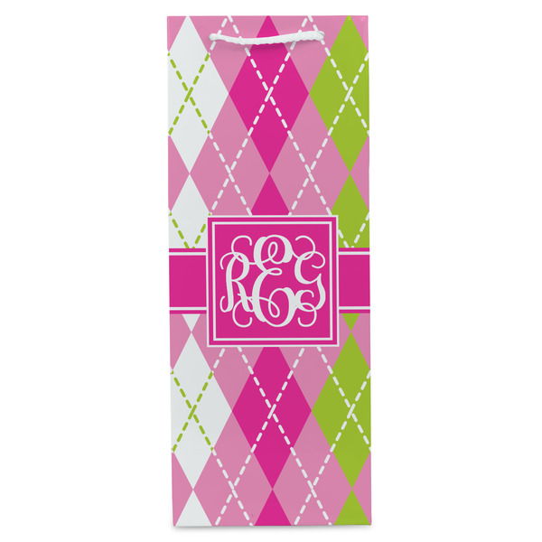 Pink & Green Argyle Wine Gift Bag - Matte - Front