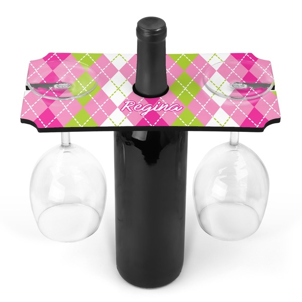 Custom Pink & Green Argyle Wine Bottle & Glass Holder (Personalized)