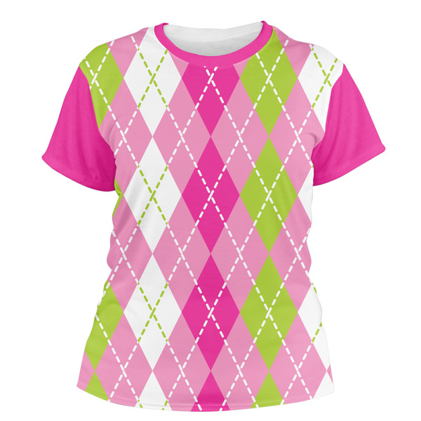 Custom Pink & Green Argyle Women's Crew T-Shirt - Small