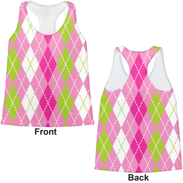 Pink & Green Argyle Womens Racerback Tank Tops - Medium - Front and Back