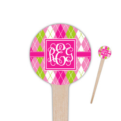 Pink & Green Argyle 4" Round Wooden Food Picks - Single Sided (Personalized)