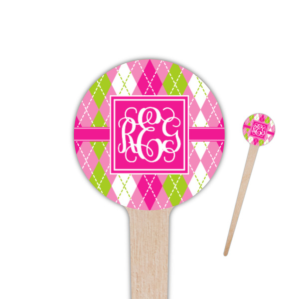 Custom Pink & Green Argyle 4" Round Wooden Food Picks - Single Sided (Personalized)