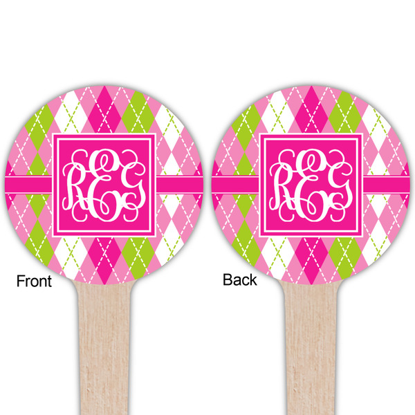 Pink & Green Argyle Wooden 4" Food Pick - Round - Double Sided - Front & Back