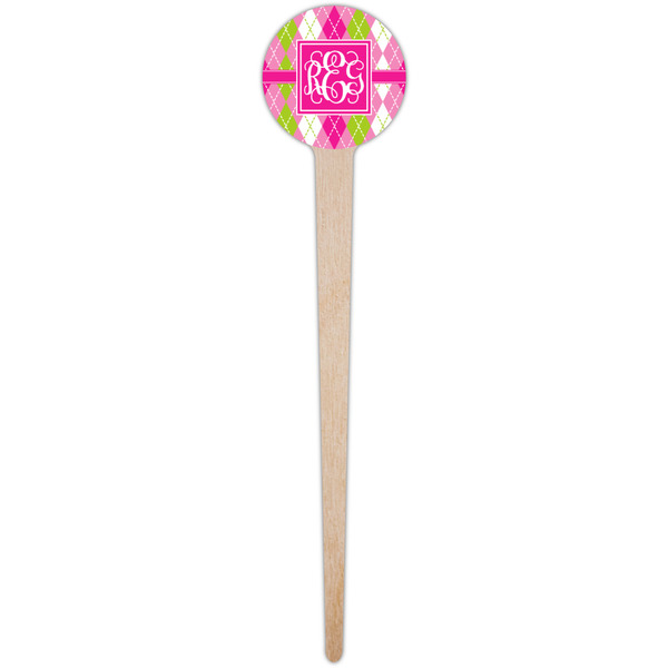 Pink & Green Argyle Wooden 4" Food Pick - Round - Single Pick