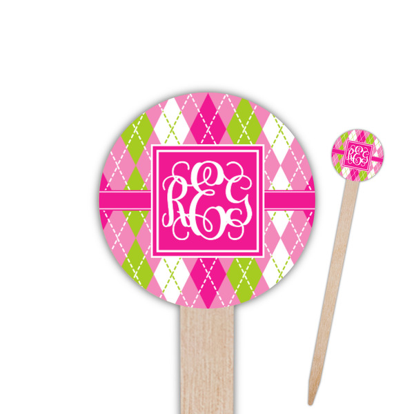 Custom Pink & Green Argyle 6" Round Wooden Food Picks - Double Sided (Personalized)