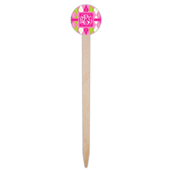 Pink & Green Argyle Wooden 6" Food Pick - Round - Single Pick