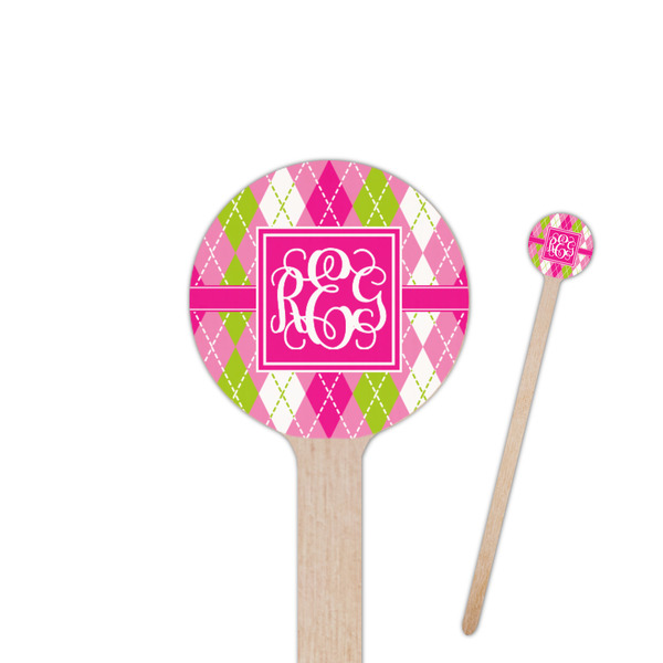 Custom Pink & Green Argyle Round Wooden Stir Sticks (Personalized)