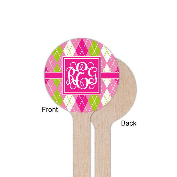 Pink & Green Argyle Wooden 6" Stir Stick - Round - Single Sided - Front & Back