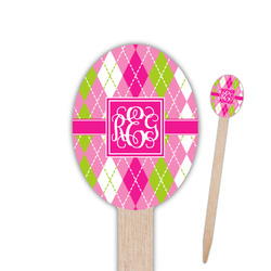 Pink & Green Argyle Oval Wooden Food Picks - Single Sided (Personalized)