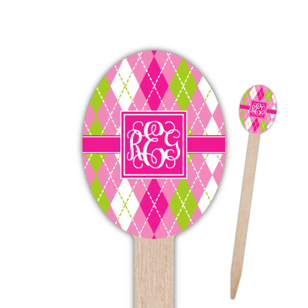 Custom Pink & Green Argyle Oval Wooden Food Picks - Single Sided (Personalized)