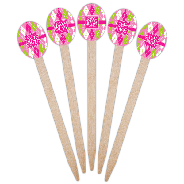 Pink & Green Argyle Wooden Food Pick - Oval - Fan View